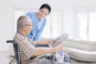 young lady and old man talking